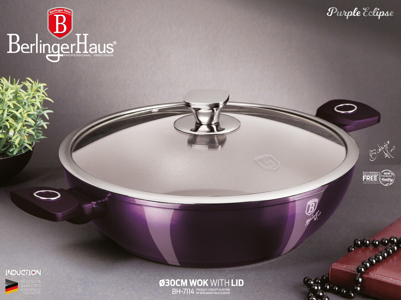Tigaie Wok cu capac Berlinger Haus, Purple Eclipse, 30 cm, aluminiu forjat, mov - imagine 2