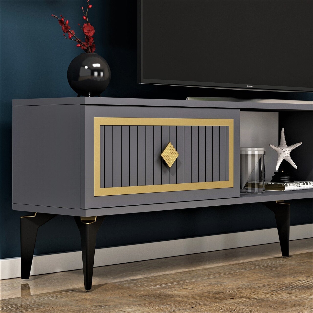 Comoda TV, Olivia, Nil, 150x44.6x29.6 cm, PAL, Antracit / Aur - 2 | YEO