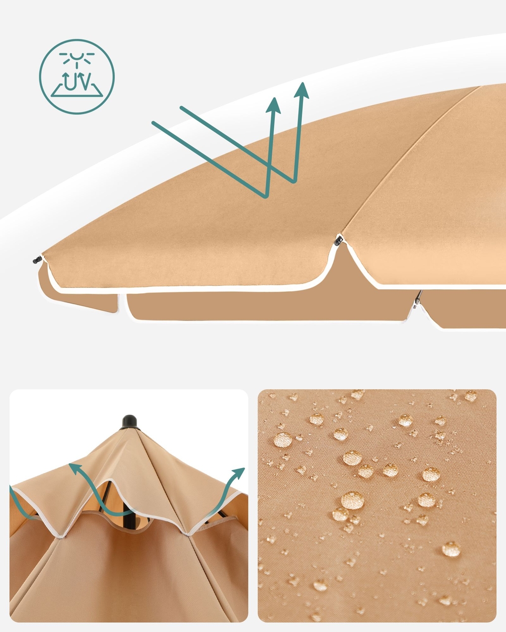 Umbrela pentru terasa, gradina, plaja Songmics, D160 cm, protectie solara UPF 50+, maro