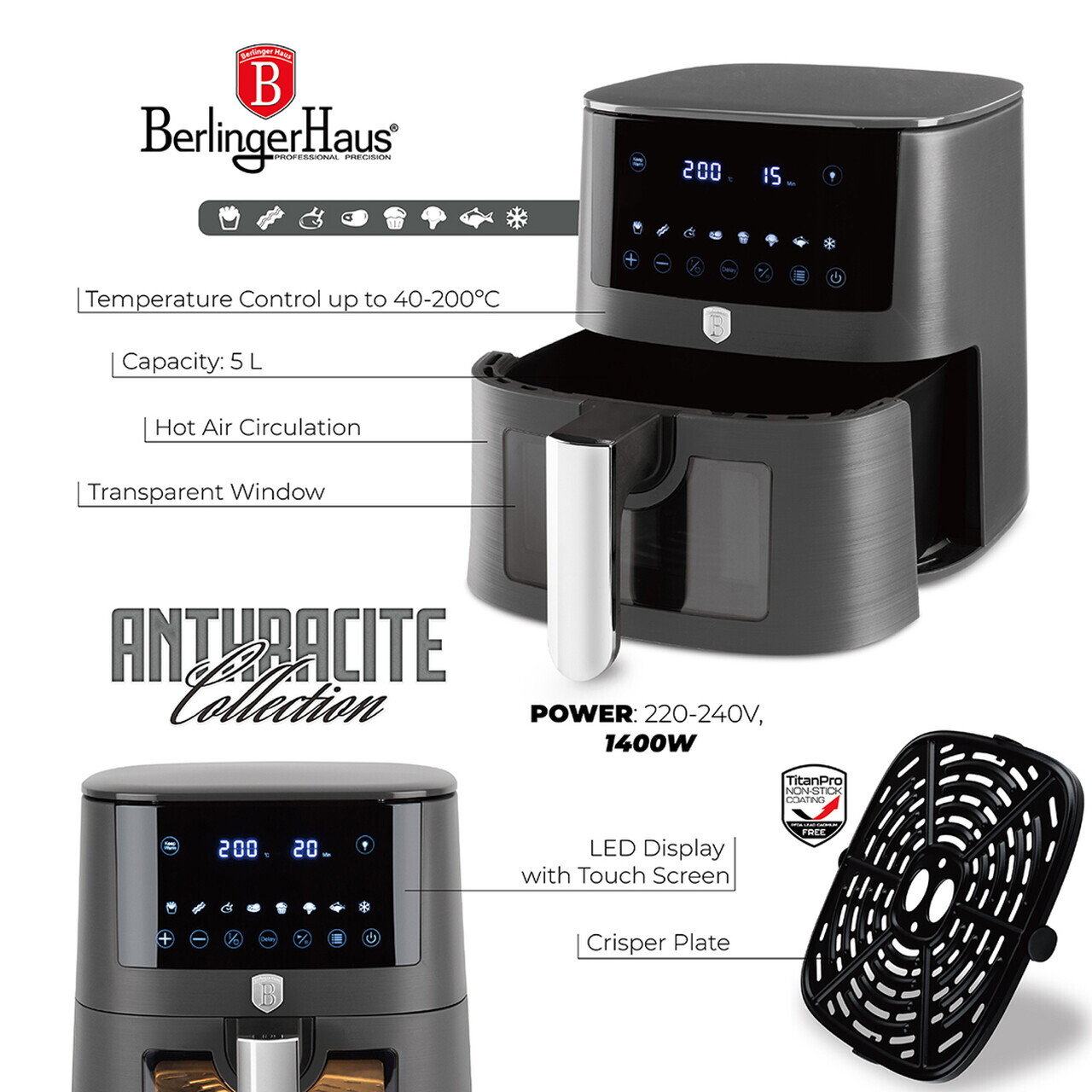 Friteuza cu aer cald si fereastra Berlinger Haus, Anthracite, 5 L, 1400W, antracit mat - imagine 8