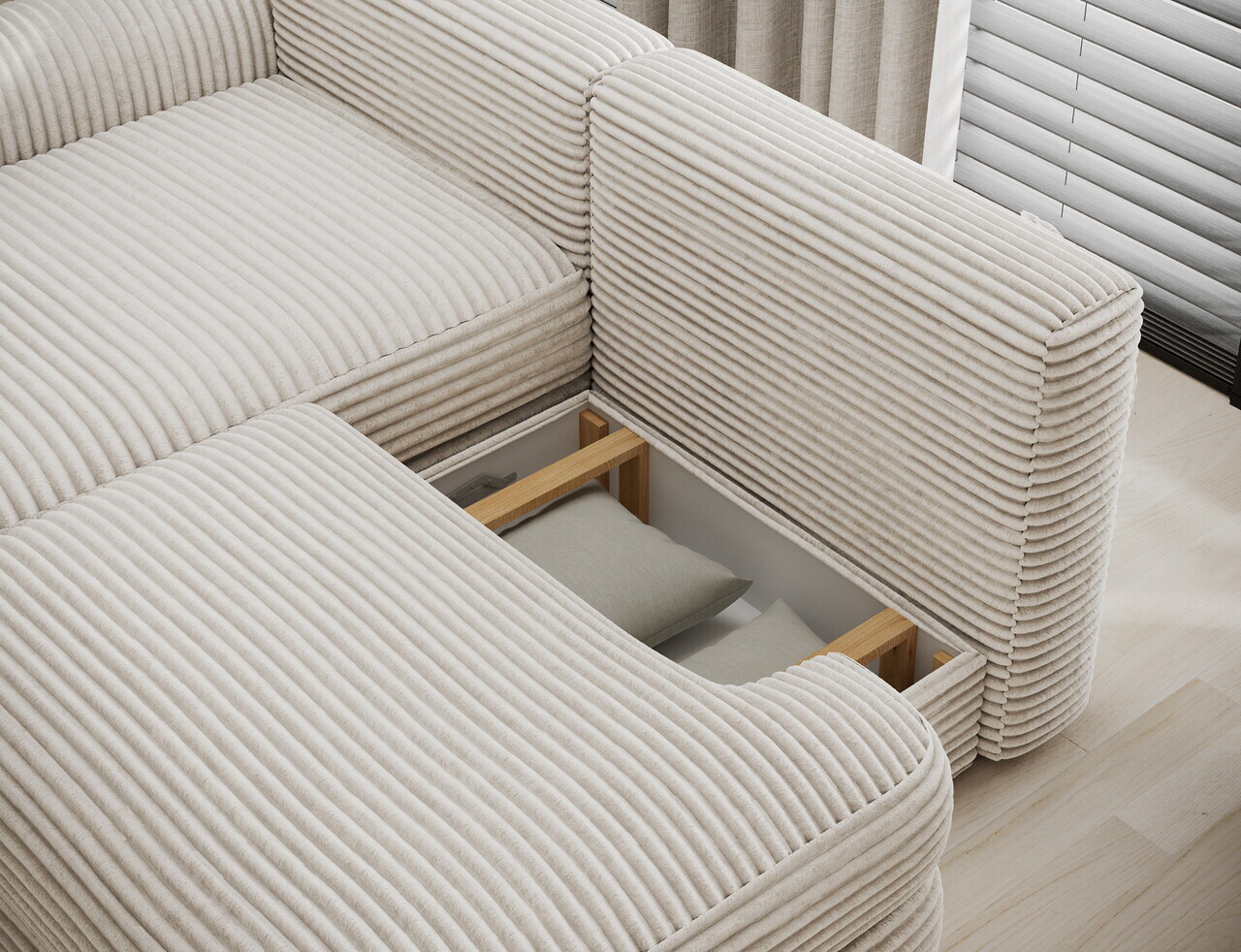 Coltar extensibil stanga 3 locuri ELTAP, Ripeli, 217x175x96 cm, lemn/catifea din poliester, alb — imaginea 7