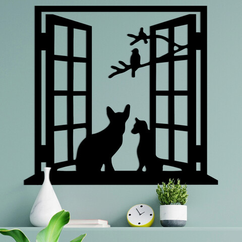 Decoratiune de perete, cat in the window, metal, 100 x 92 cm, negru