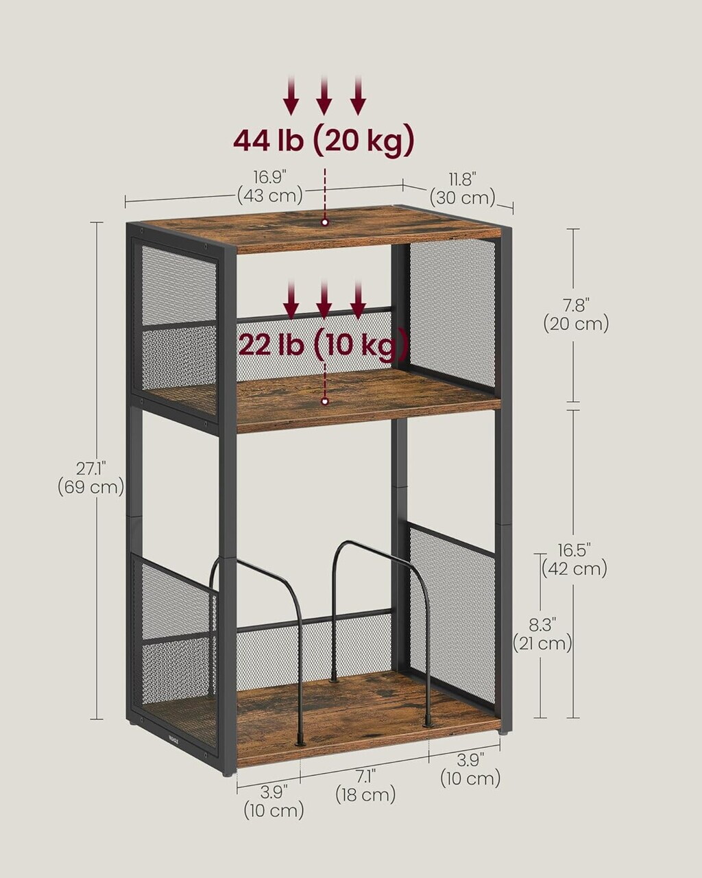 Suport pentru pick-up, Vasagle, spatiu depozitare pana la 100 discuri, 43x30x69 cm, maro rustic - imagine 4