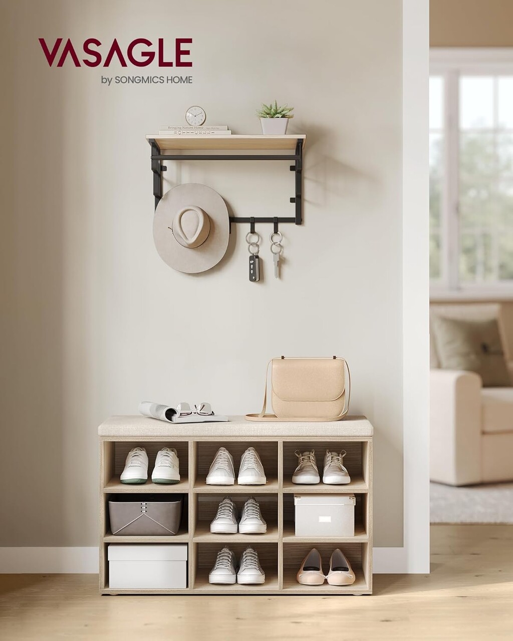 Bancheta cu pantofar Vasagle, 9 compartimente, 78.5x30.3x48 cm, max 136 kg, PAL, natural - 1 | YEO