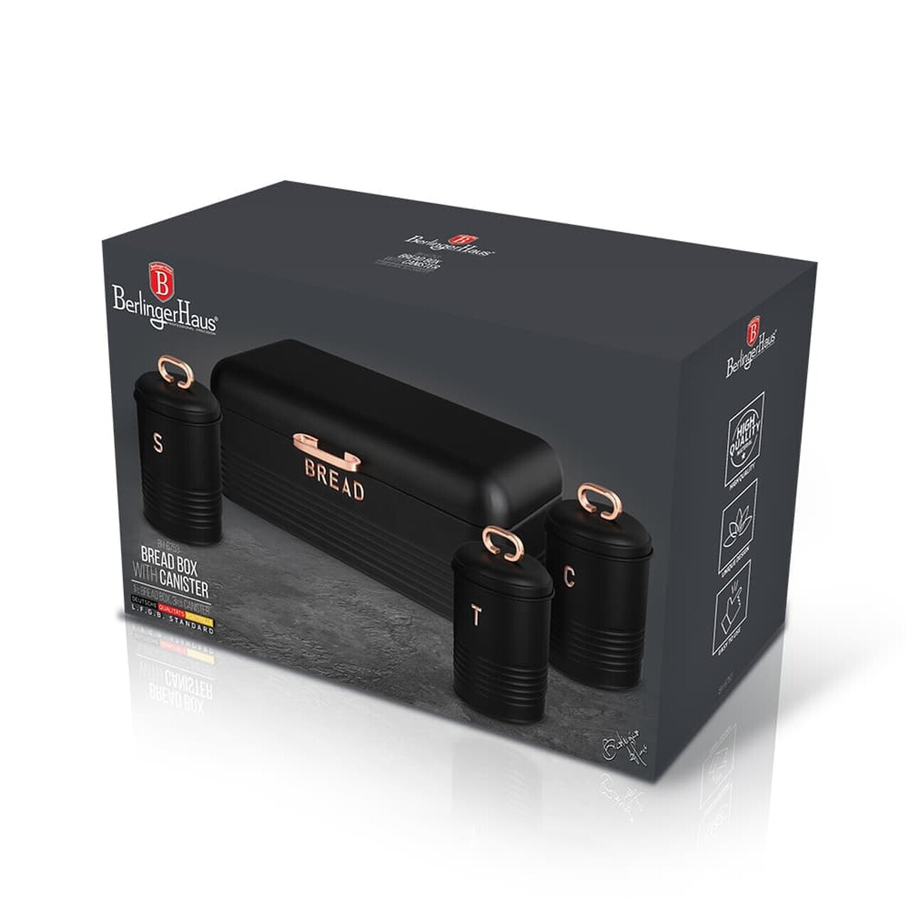 Set cutie pentru paine si 3 recipiente Berlinger Haus, Black Rose, 42.5x23x16 cm, otel carbon, negru - imagine 5