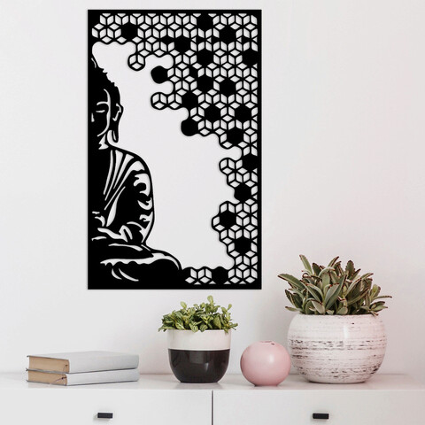 Decoratiune de perete, buddha and peace, metal, dimensiune: 68 x 1,5 x 42 cm, negru