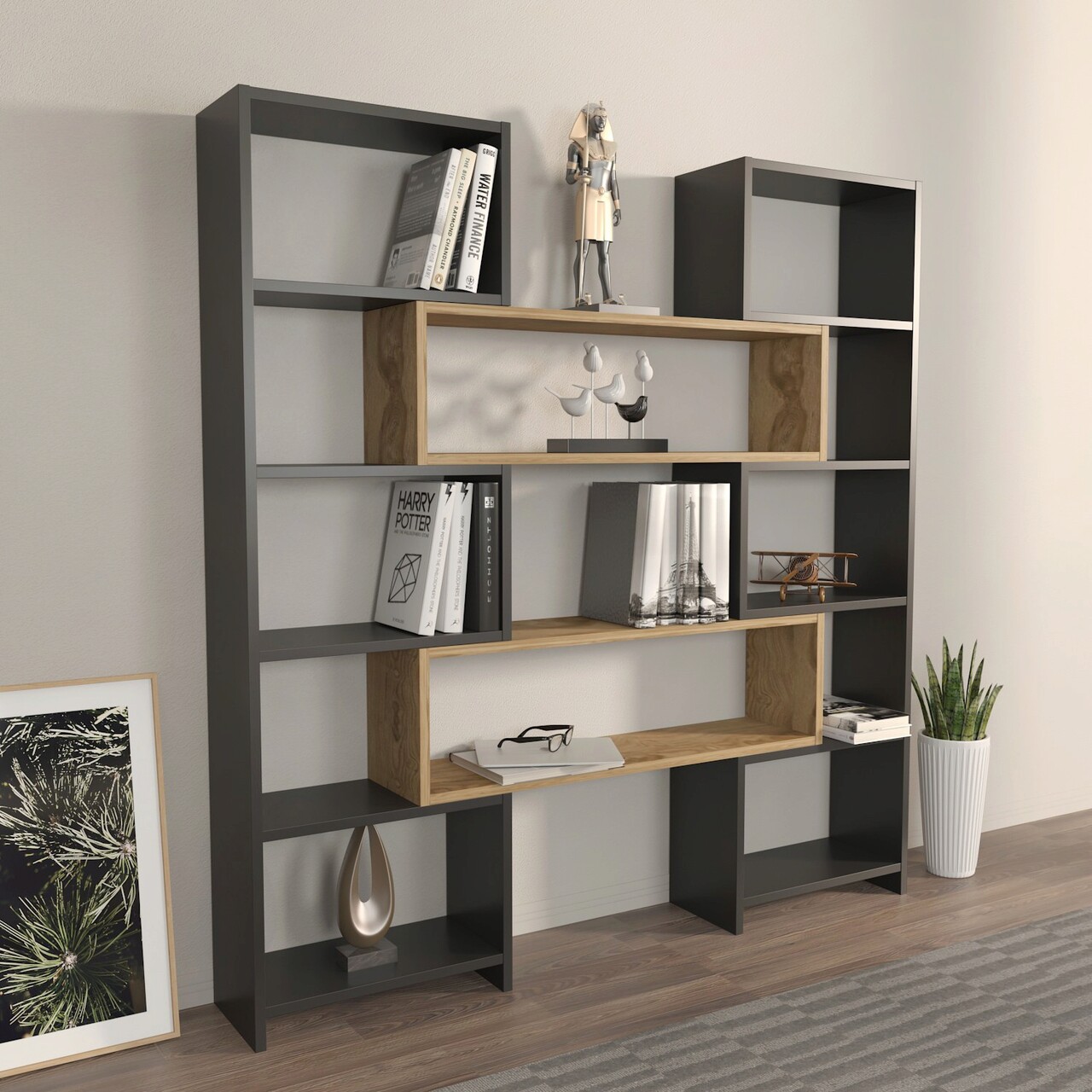 Corp biblioteca, Zena Home, Poyraz, 163.5x150x22 cm, PAL, Negru / Stejar - 2 | YEO
