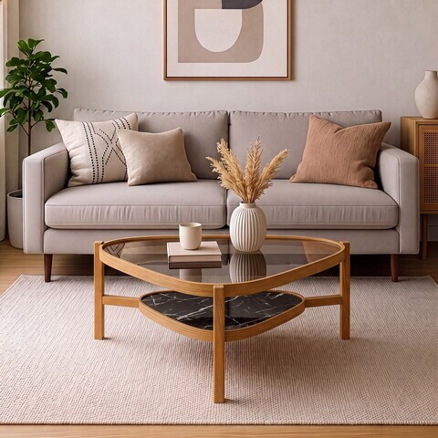 Masuta de cafea, Hanah Home, Capella 95, 95x48x95 cm, LEMN MASIV DE STEJAR, Stejar / Marmură neagră