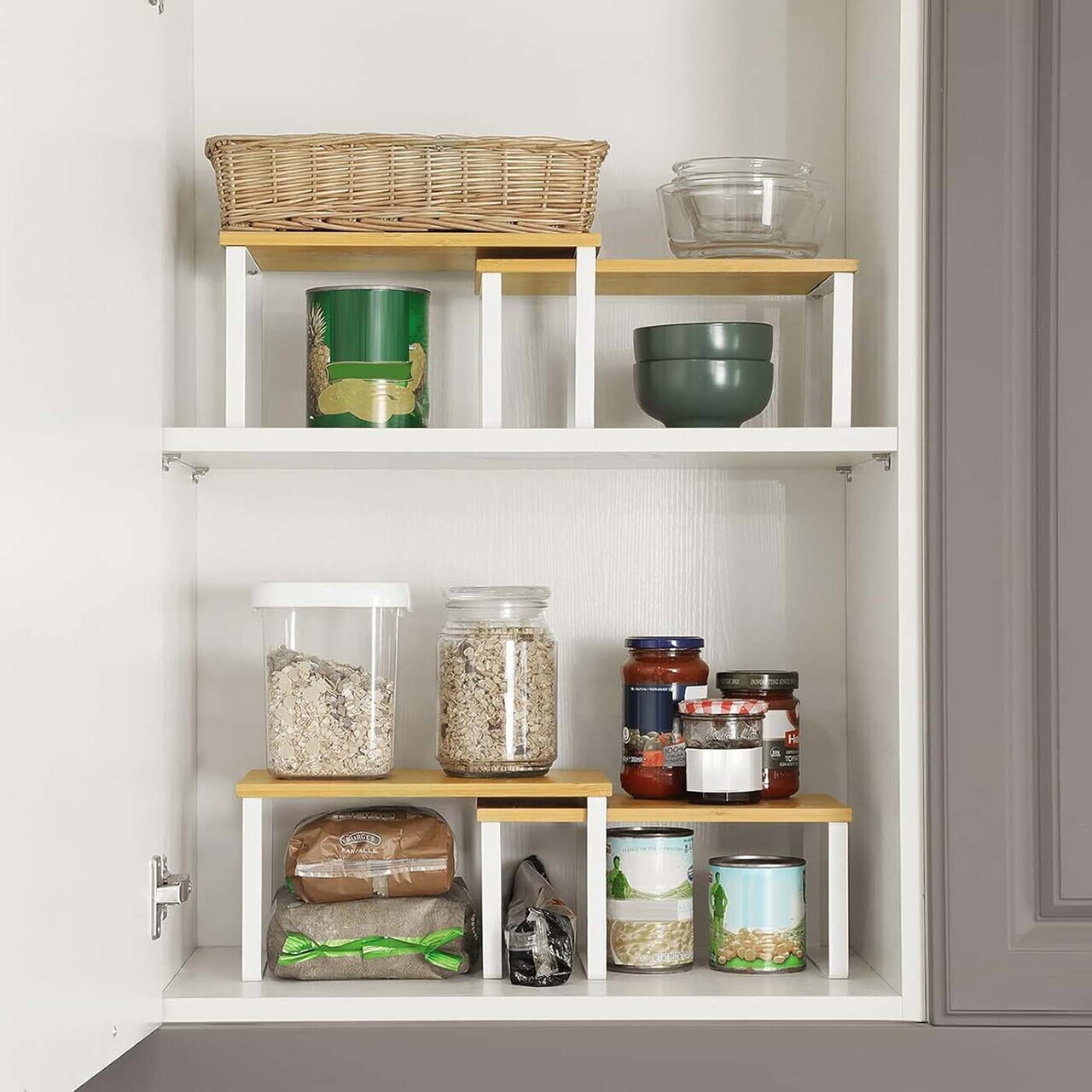 Set 4 organizatoare bucatarie, Songmics, 29.7x19.5x15.5 cm, metal/bambus, alb/natural - imagine 7