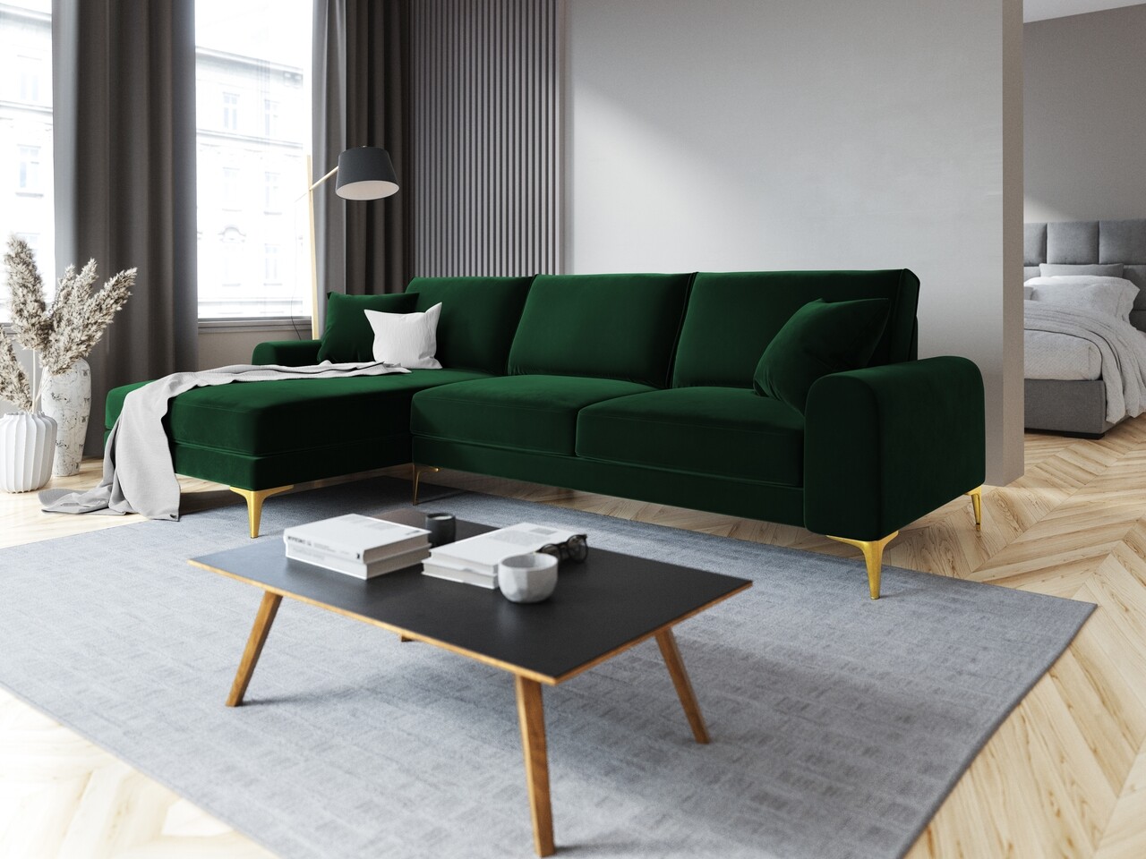 Coltar stanga, Madara, Mazzini Sofas, 5 locuri, gold legs, 254x182x90 cm, catifea, verde bottle