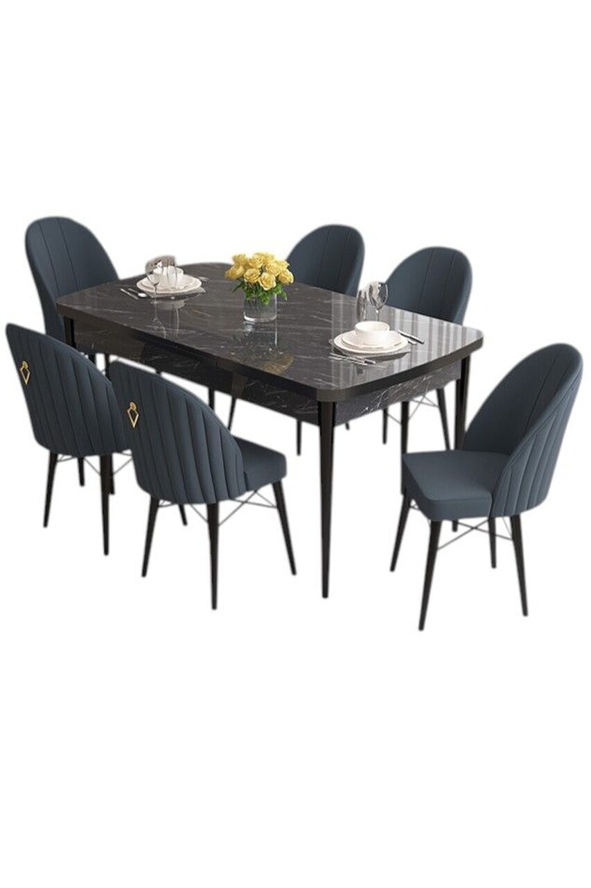 Set masa extensibila si scaune (7 piese), Hanah Home, Elf, Model de marmură neagră / Antracit — imaginea 2