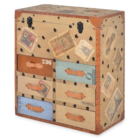 Cufar 6 sertare + spatiu depozitare, exotic, l.60 l.40 h.23, lemn/stofa/piele, multicolor