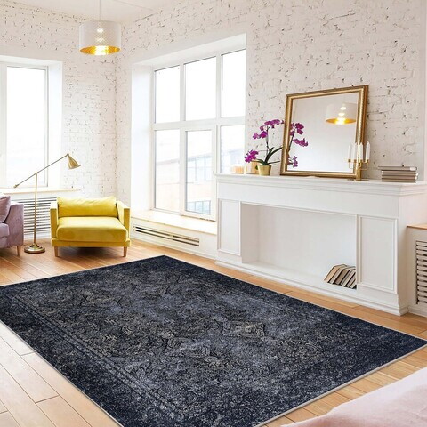 Covor, Woopamuk336, 80x300 cm, BUMBAC/POLIESTER, Albastru navy