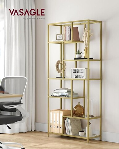 Biblioteca cu 6 niveluri, Vasagle, 80x30x180 cm, sticla/otel, auriu