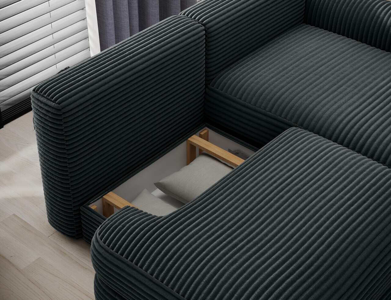 Coltar extensibil dreapta 3 locuri ELTAP, Ripeli, 217x175x96 cm, lemn/catifea din poliester, verde inchis — imaginea 7