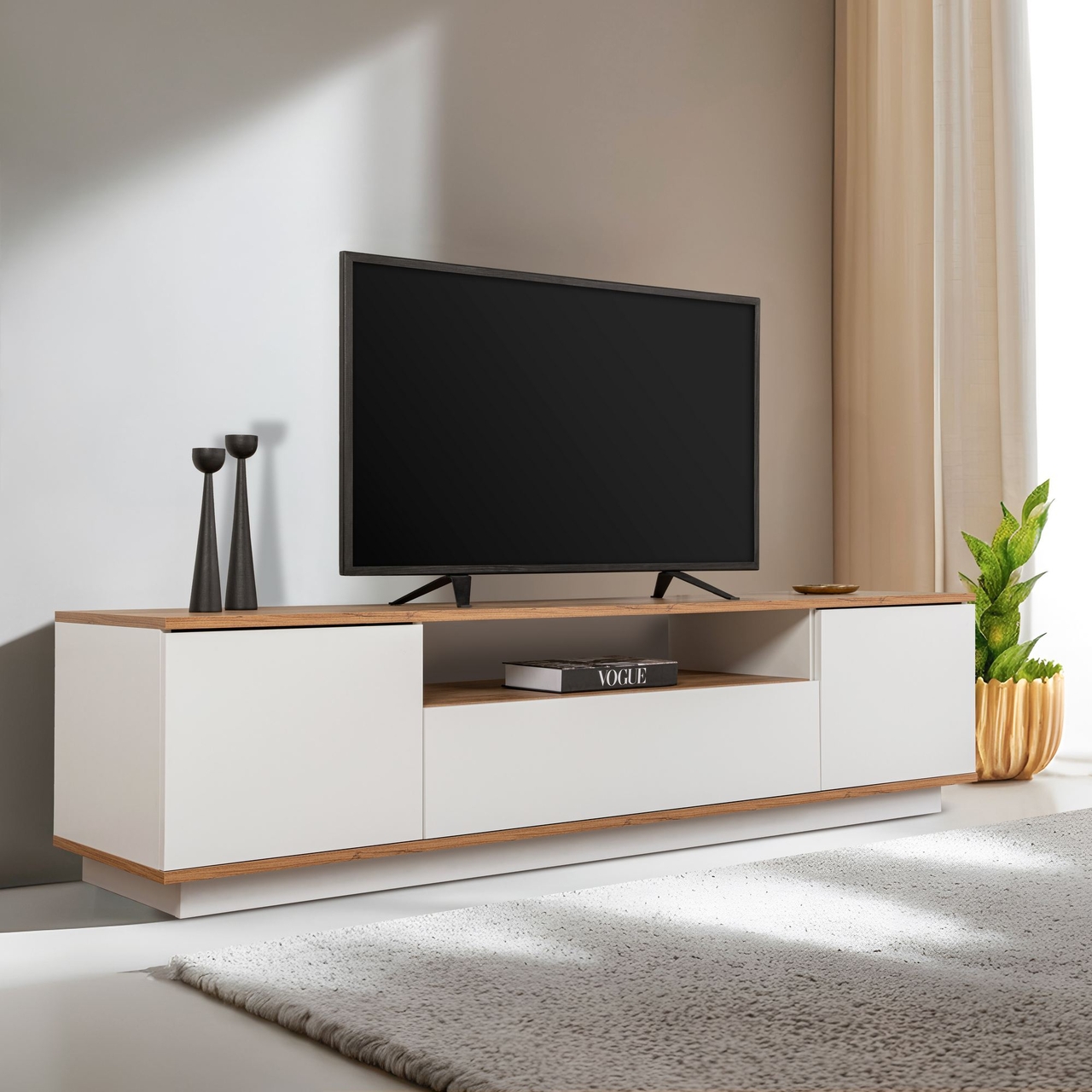 Comoda TV, Hanah Home, Veramont, 180x44.6x44.5 cm, Alb/Pin Atlantic