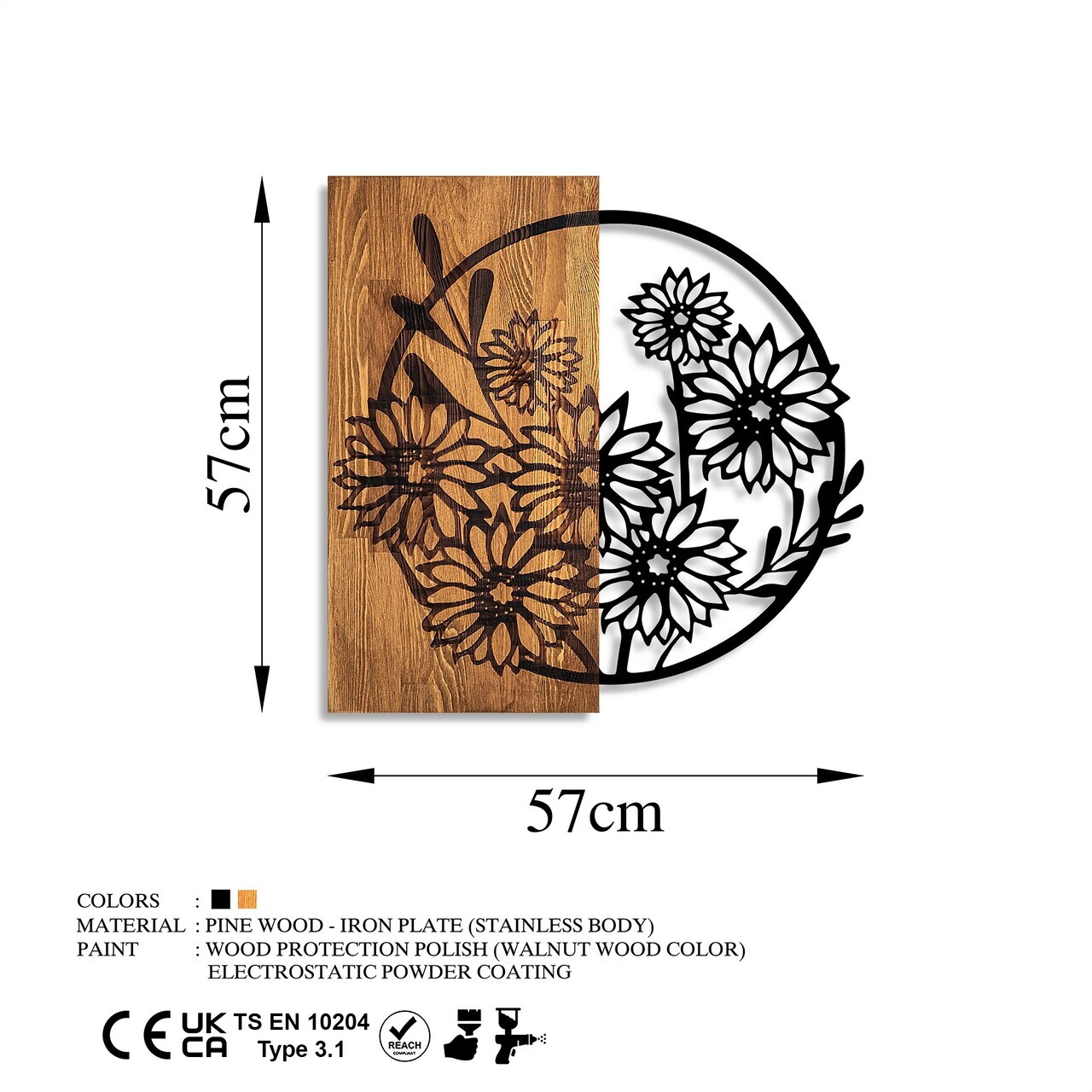Decoratiune de perete, Flowers 1, Dimensiune: 57 x 57 cm, Nuc / Negru — imaginea 6