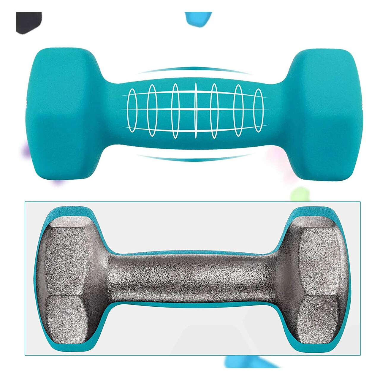 Set gantere fitness 6 piese cu suport, 2 x 1 kg + 2 x 2 kg + 2 x 3 kg, Songmics, neopren, verde/teal/gri inchis - imagine 5