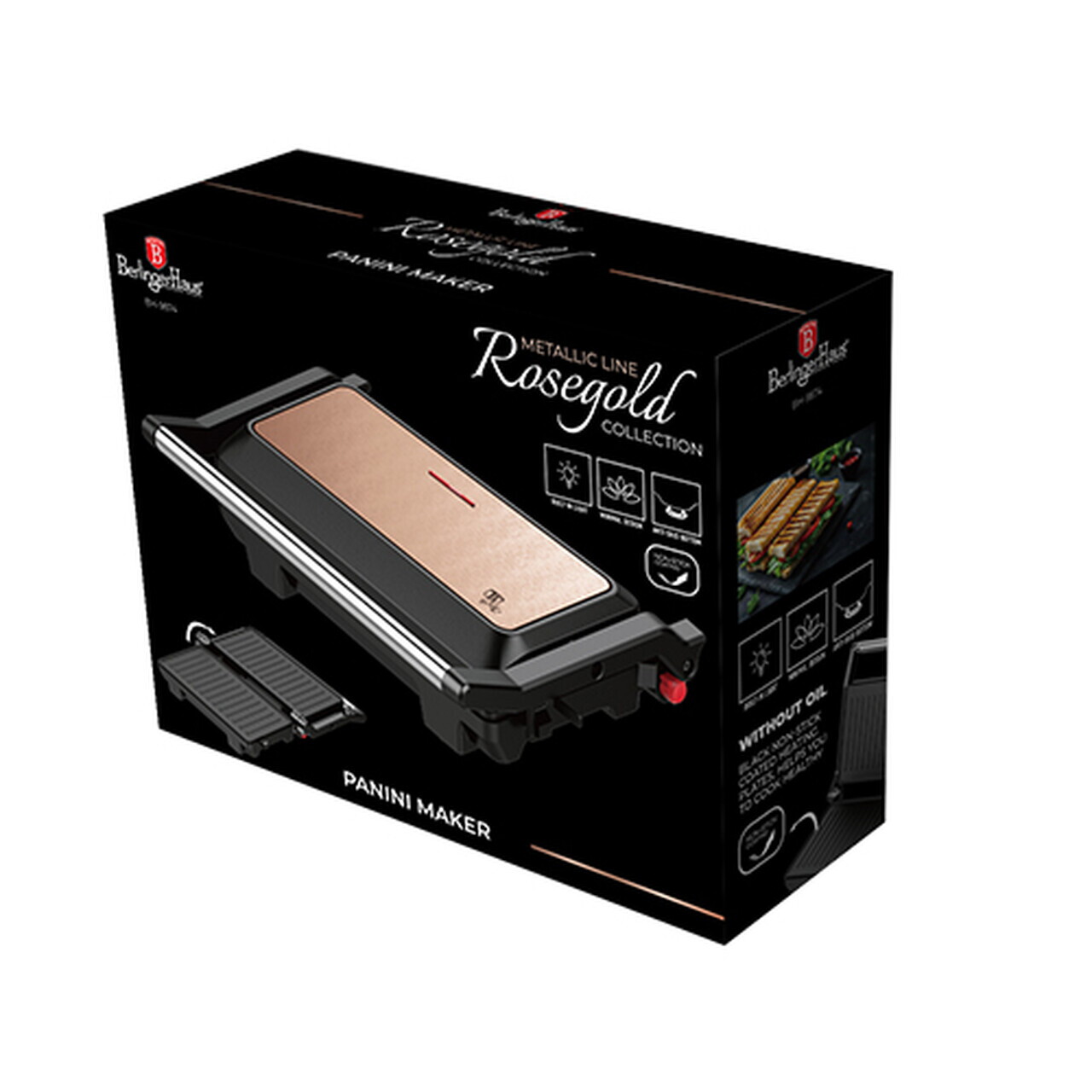 Gratar electric Berlinger Haus, Rose Gold, 1000W, 23x14.5 cm, roz/negru - imagine 4