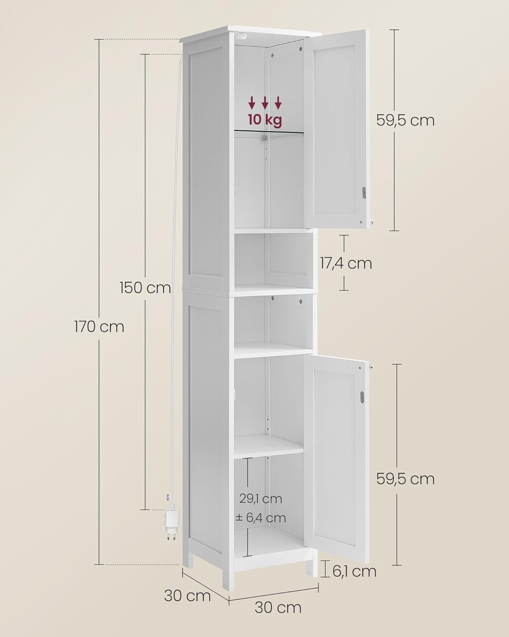 Dulap ingust pentru baie cu lumina integrata, Vasagle, 30x30x170 cm, MDF, alb cloud