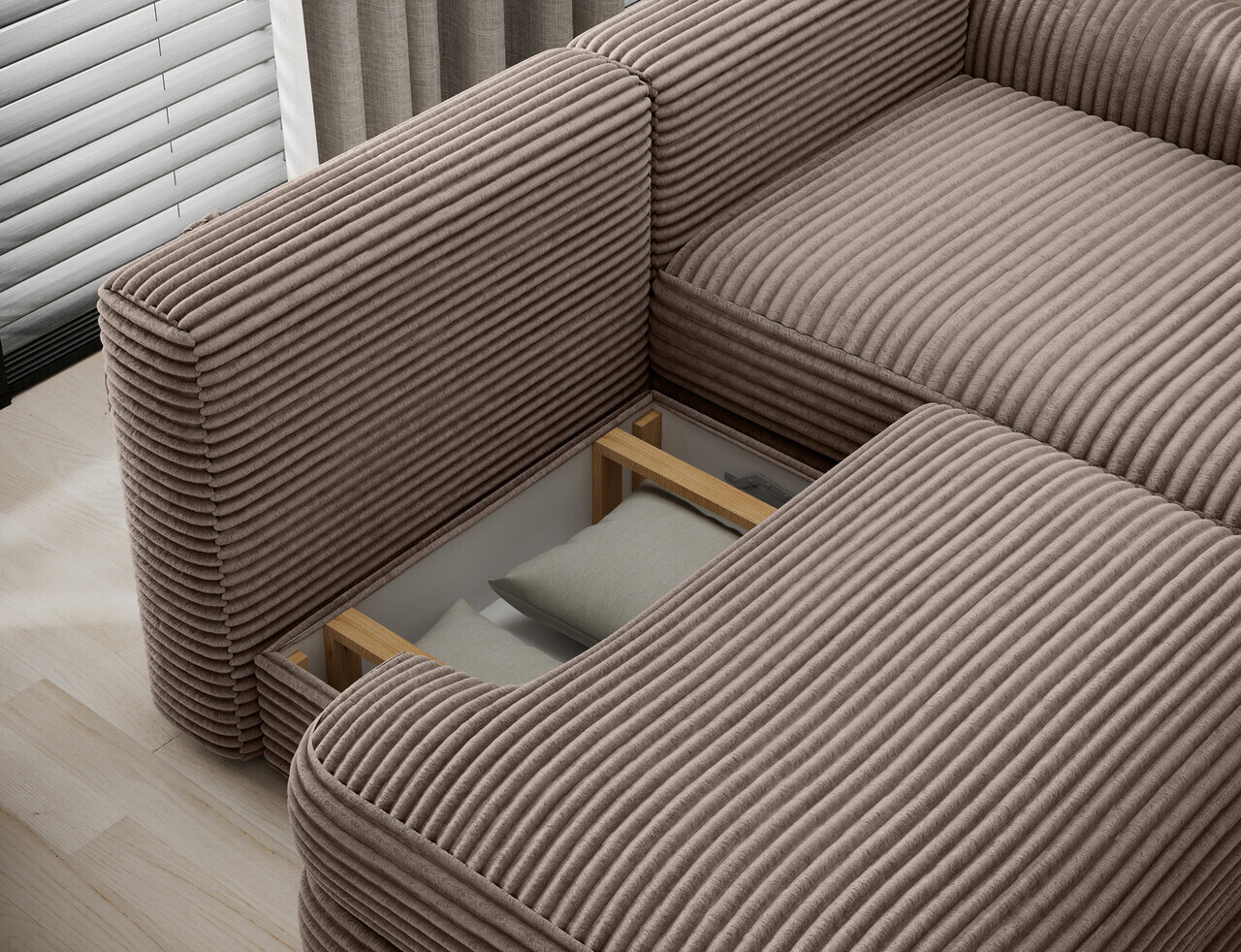 Coltar extensibil dreapta 3 locuri ELTAP, Ripeli, 217x175x96 cm, lemn/catifea din poliester, maro deschis — imaginea 7