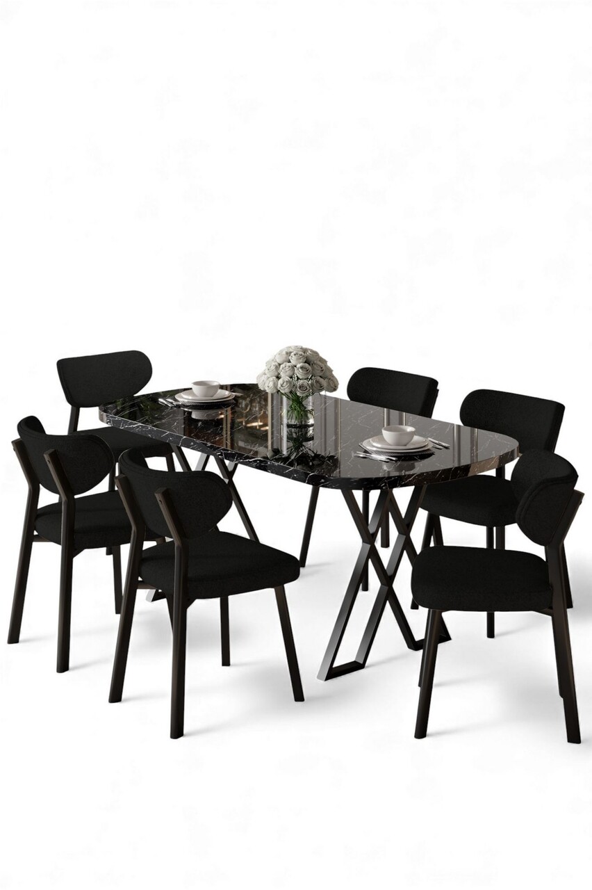 Set masa si scaune (7 Pieces), Hanah Home, Axton, Marmură neagră / Negru - view 2
