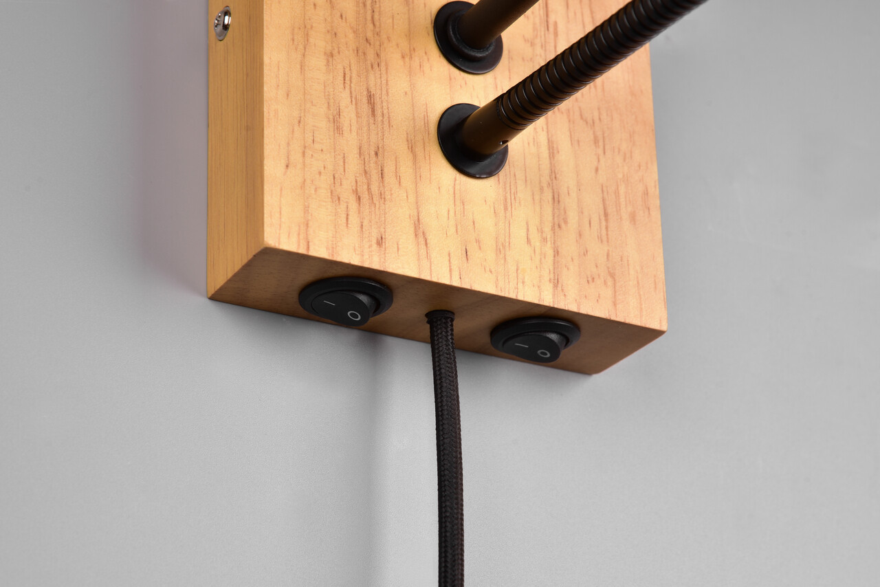 Lampa de perete Nilam, TRIO, 25x30 cm, 28W / 3W, 1x E27 / 1x SMD, lemn, natur/negru