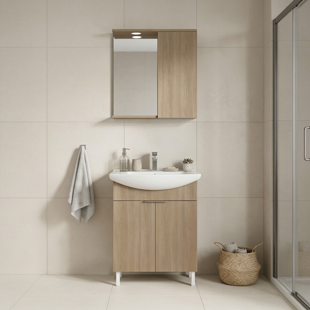 Set Dulap de Baie cu Chiuvetă și Oglindă (2 Piese), Hanah Home, Purus 65, Stejar