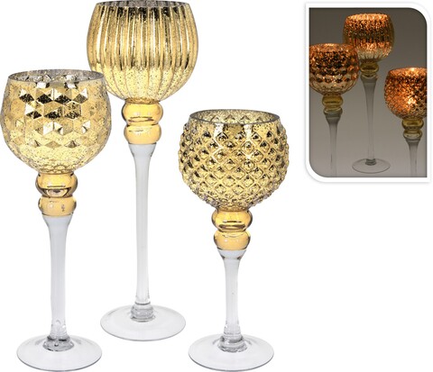 Set 3 suporturi pentru lumanari Embossment, sticla, auriu auriu