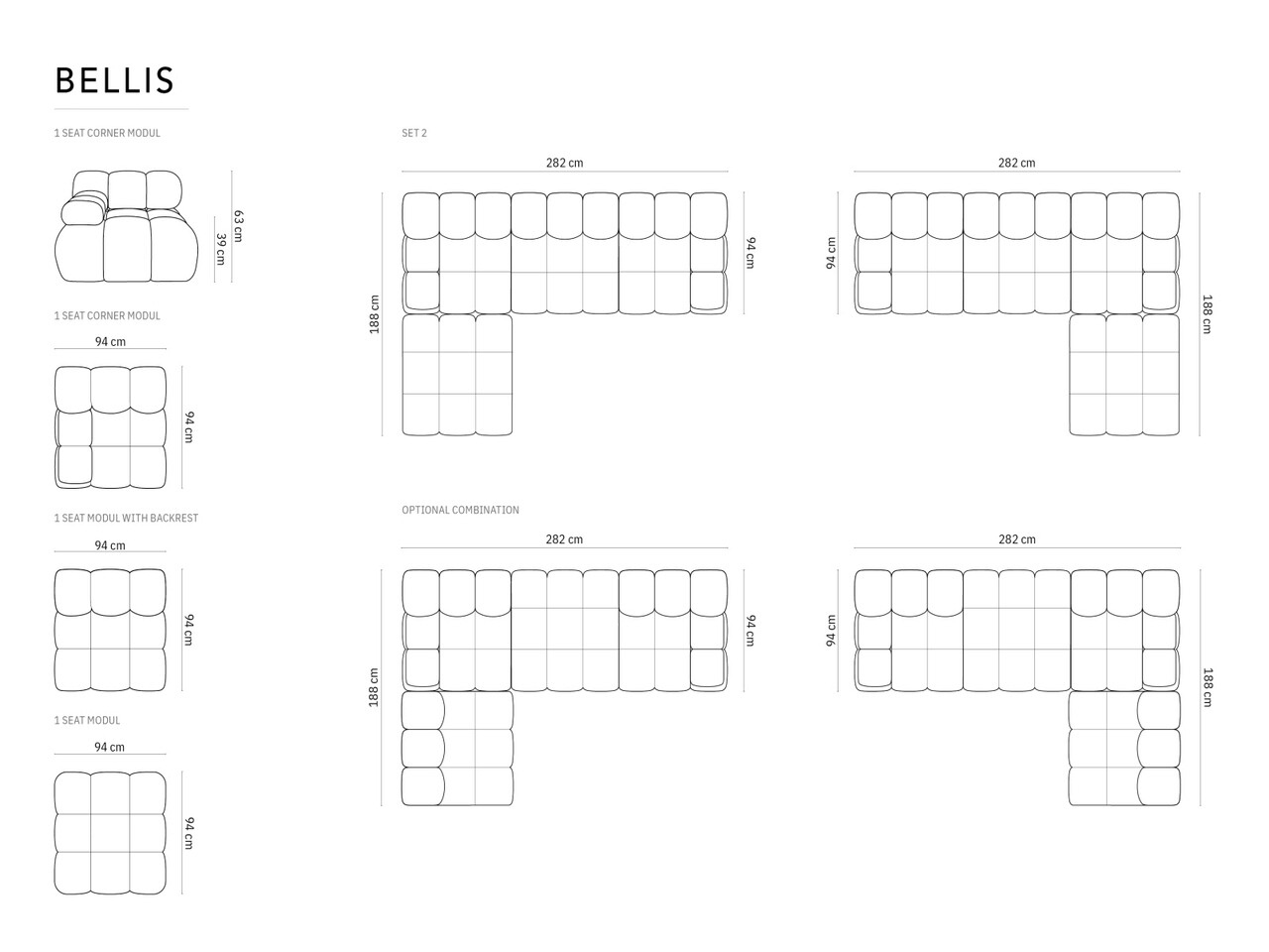 Canapea modulara 4 locuri, Bellis, Micadoni Home, BL, 282x188x63 cm, catifea, bej