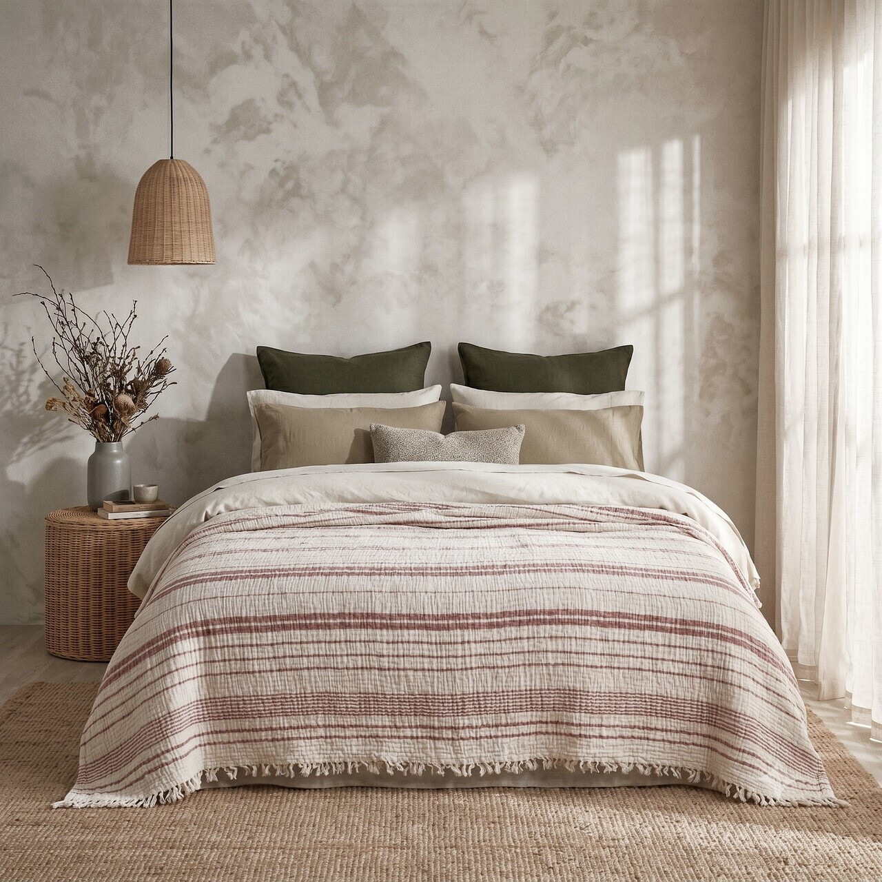 Cuvertură de pat King, L'essentiel Maison, Muslin, Bumbac, Ecru / Roz