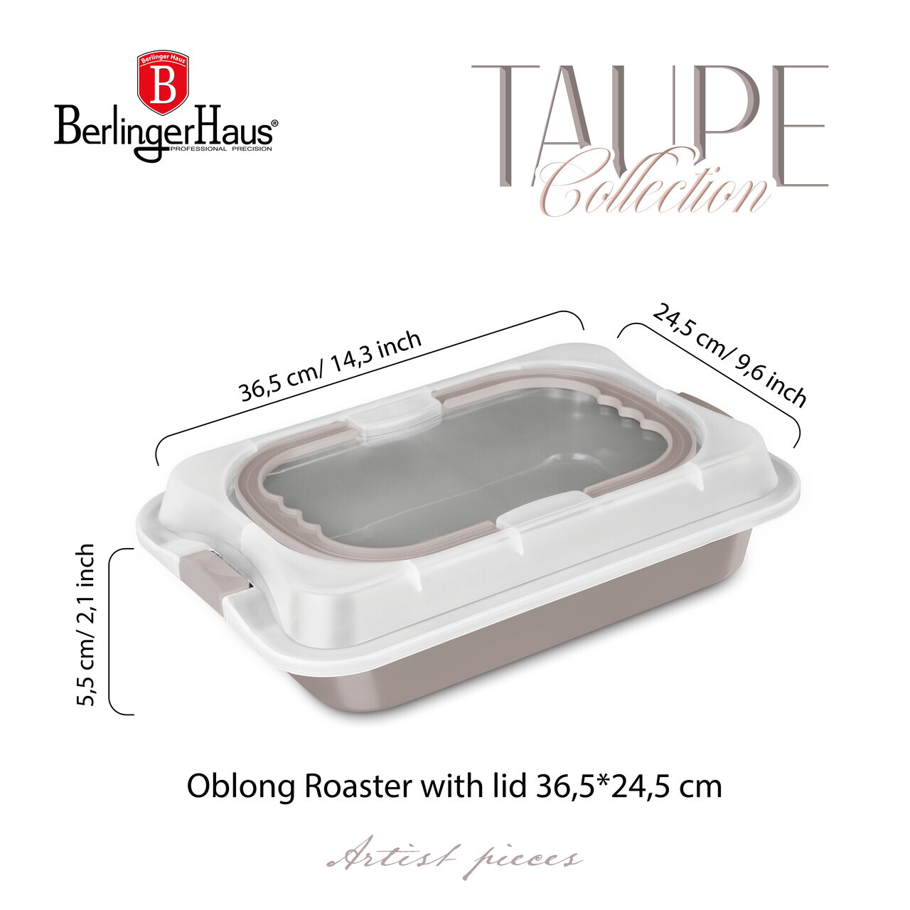 Tava cu capac Berlinger Haus, Taupe, 36.5x24.5x5.5 cm, otel carbon/plastic, taupe mat/alb - imagine 9