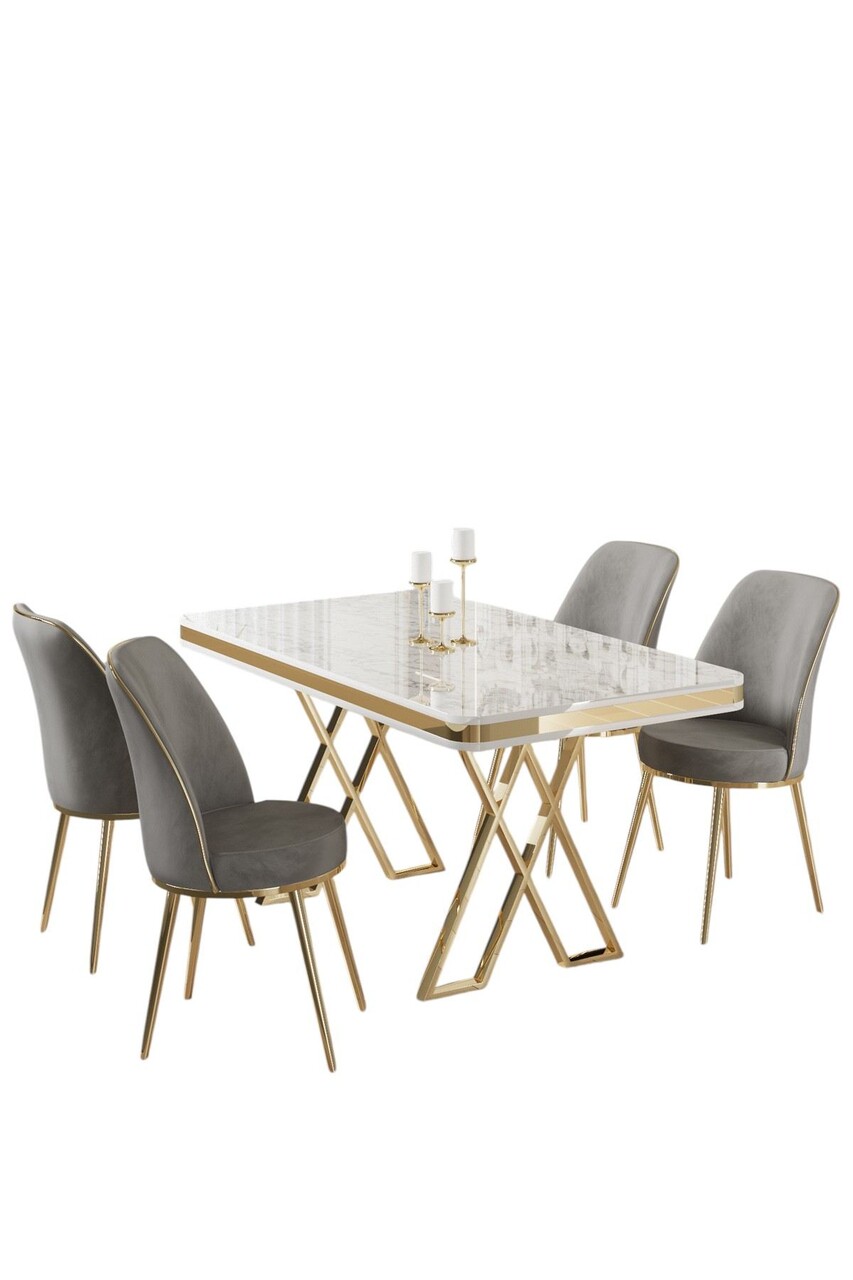 Set masă și scaune (5 bucăți), Hanah Home, Vals, Alb / Auriu / Gri - imagine 2