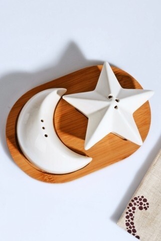 Set 2 solnite cu suport, Kosova, Moon and Star, 50% bambus, 50% portelan