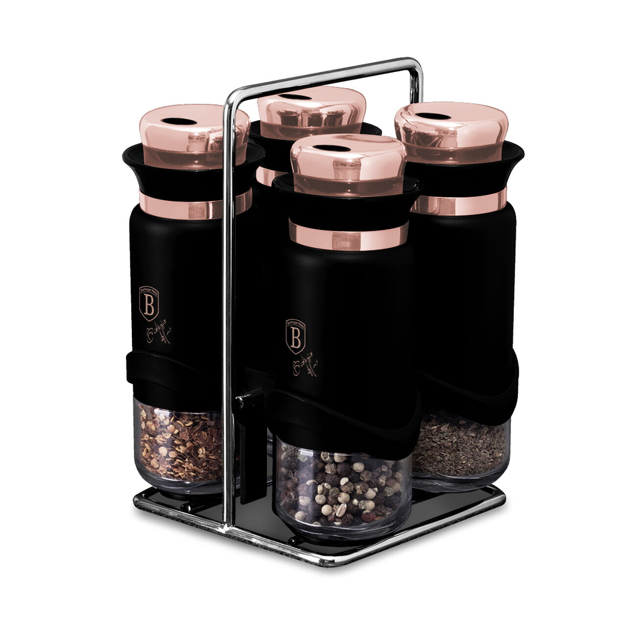 Set 4 recipiente pentru condimente si suport Berlinger Haus, Black Rose, inox/sticla, negru/roz - imagine 2