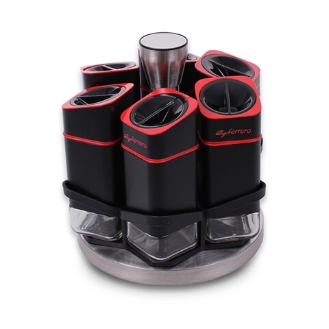 Set 6 recipiente cu suport pentru condimente, Round, Luigi Ferrero Atlanta, plastic/metal, rosu/negru