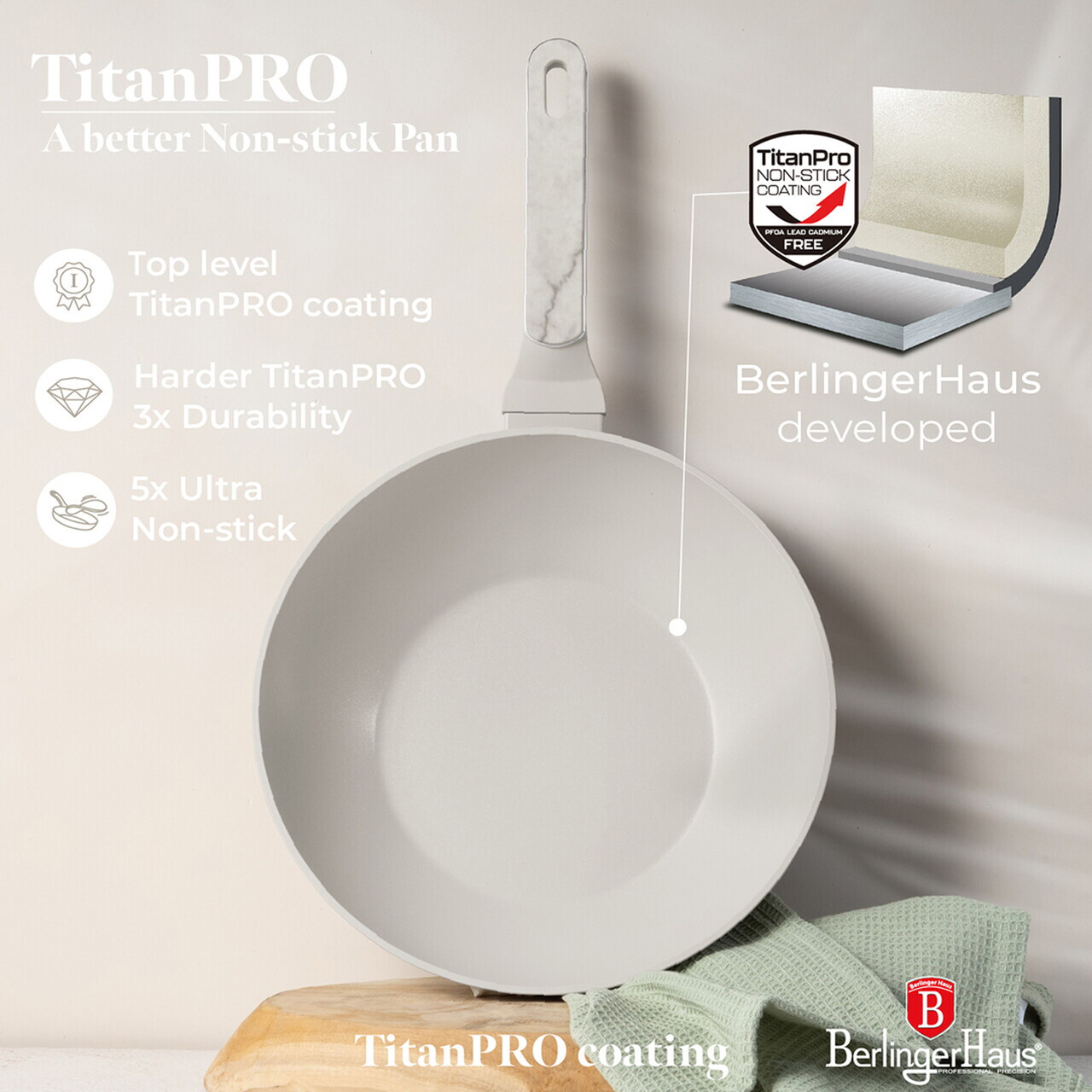 Tigaie Wok Berlinger Haus, Sahara Marble, 28 cm, 3.5 L, aluminiu forjat, crem mat/marmura - imagine 9