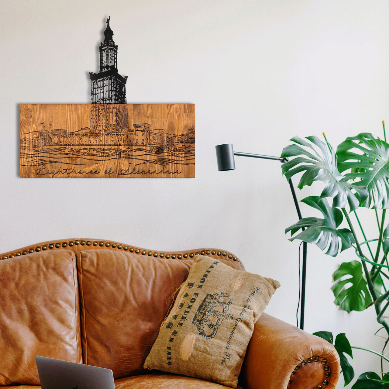 Decoratiune de perete, Alexandria Lighthouse, Metal, Cadru: 100% LEMN (grosime: 3 cm), Nuc negru