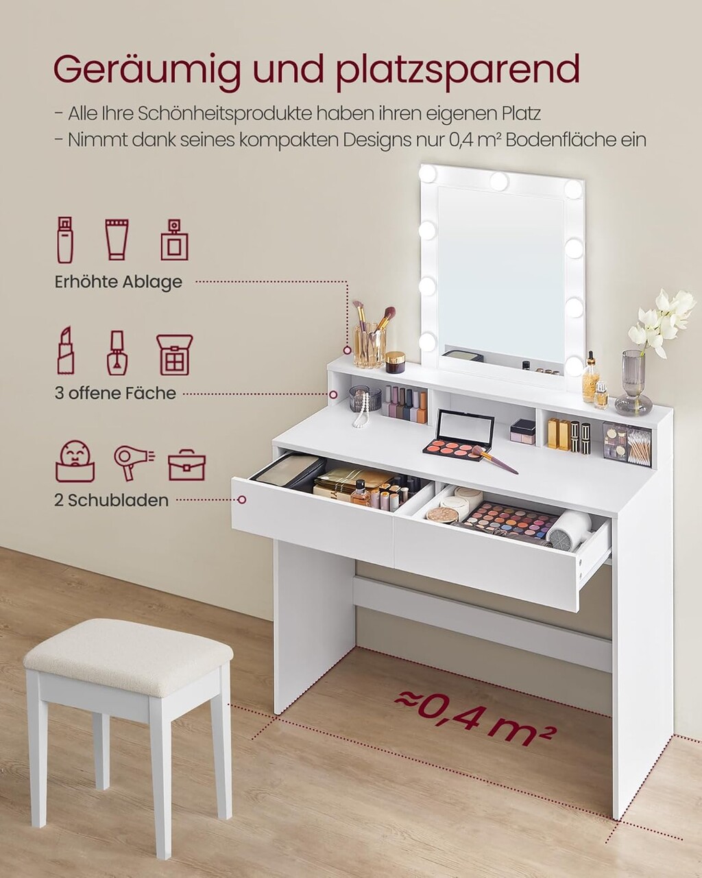 Masa de toaleta cu  oglinda cu LED-uri ajustabile / masuta dressing, Vasagle, 100x40x145 cm, PAL, alb