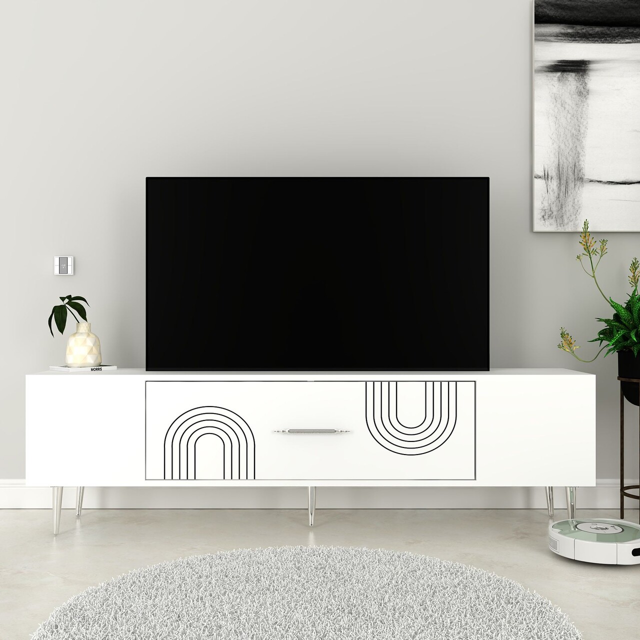 Comoda TV, Olivia, Dekol2, Alb / Argintiu