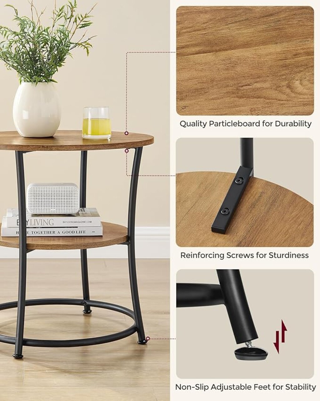 Masuta de cafea, Vasagle, Round, 55x55 cm, max 40 kg, PAL/otel, maro - imagine 5