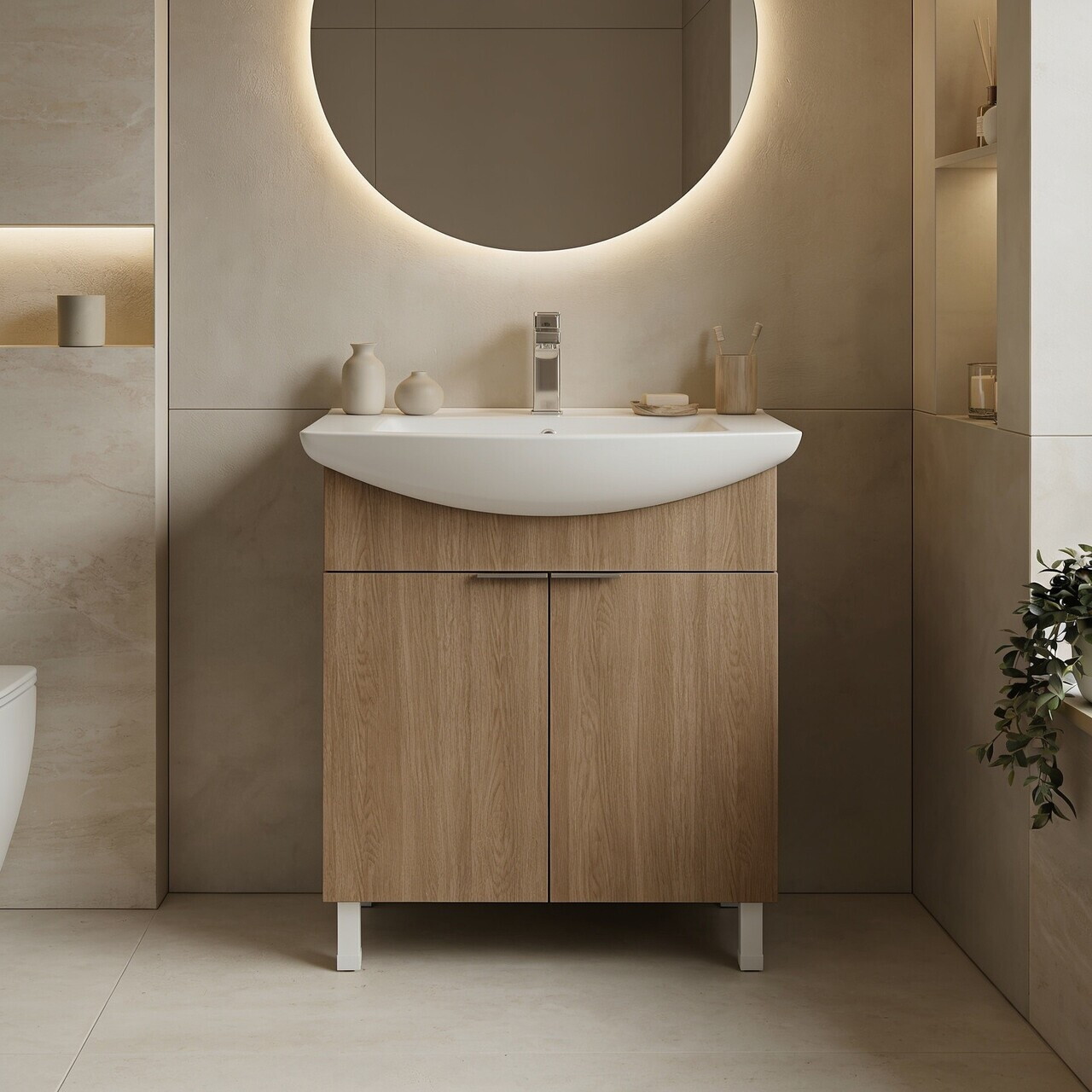 Dulap de baie cu chiuvetă, Hanah Home, Purus 65, Stejar Sonomo