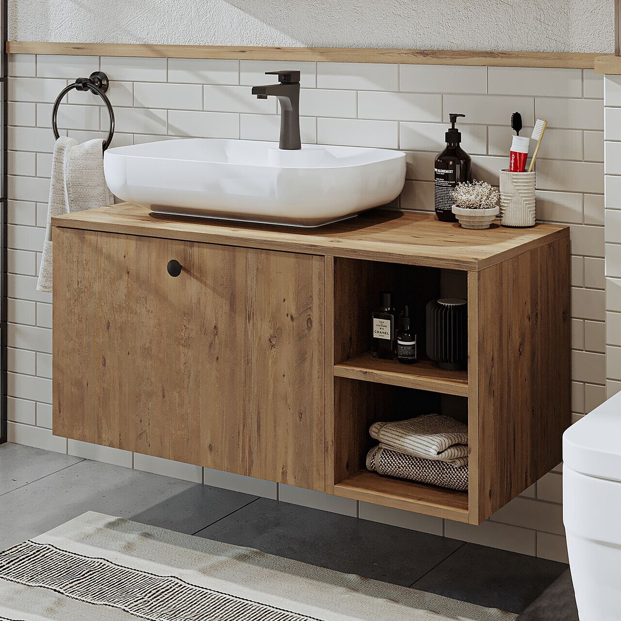 Dulap de baie cu chiuvetă, Hanah Home, 2517, 95x58x45 cm, MDF, Maro