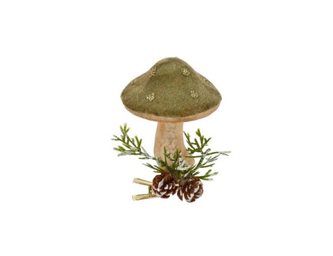 Decoratiune brad cu clips mushroom, decoris, 6x7 cm, sticla, kaki