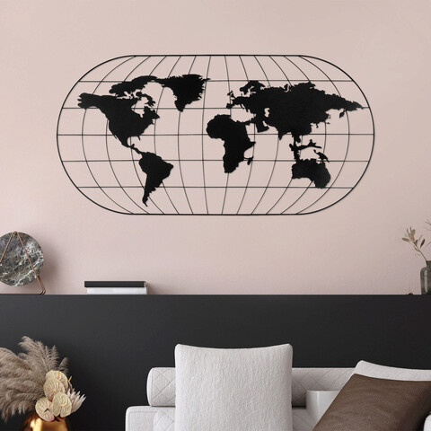 Decoratiune de perete, world map 17, metal, dimensiune: 120 x 60 cm, negru