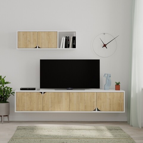 Comoda TV cu raft, Decortie, Spark, pal melaminat, stejar/alb