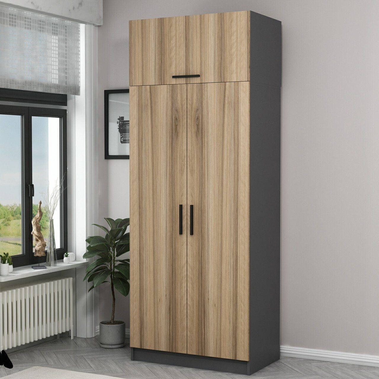 Dulap pentru haine, Minerva, Kale Oak, 90x235x52 cm, PAL, Stejar - 1 | YEO