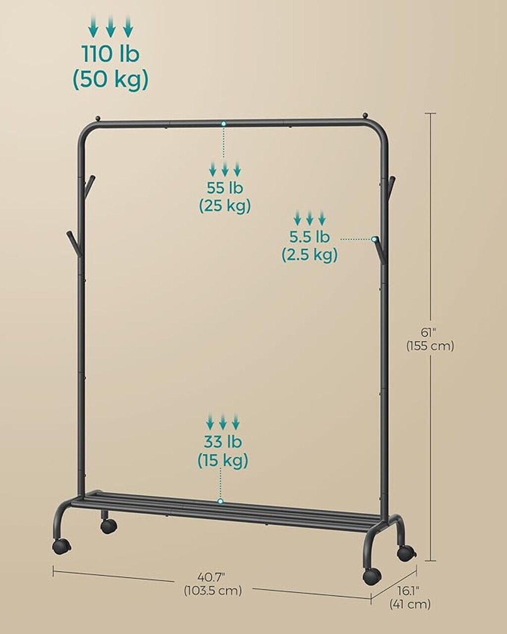 Suport pentru umerase, Songmics, cu roti, 103.5x41x155 cm, otel, negru - imagine 6