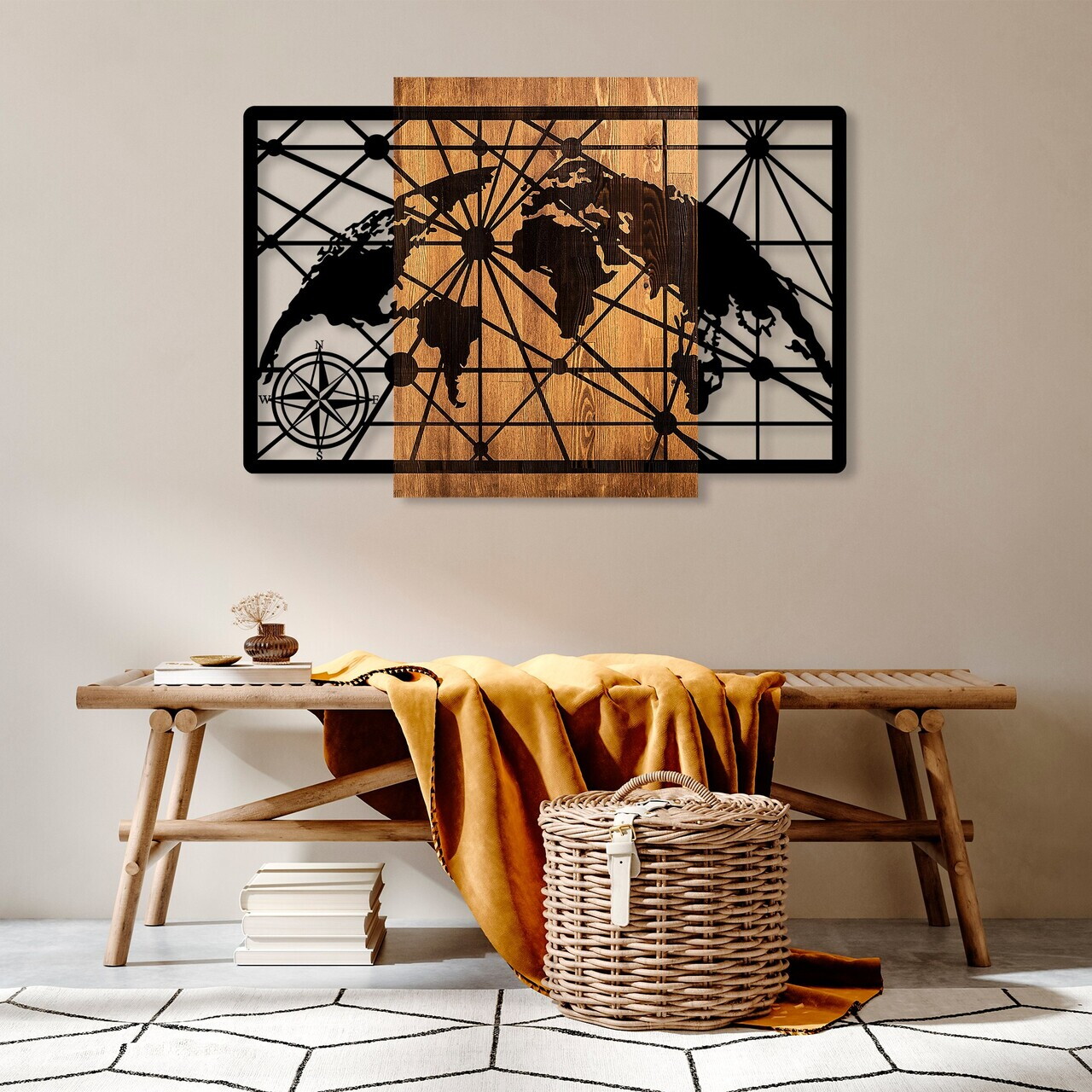 Decoratiune de perete, World Map 5-L, Dimensiuni: 70 x 99 cm, Nuc / Negru — imaginea 2