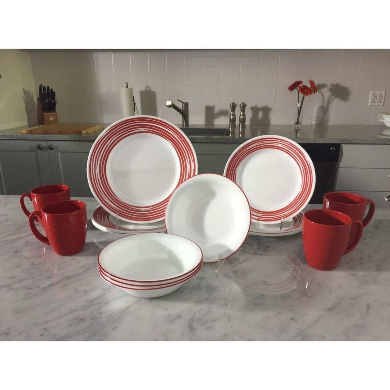 Serviciu De Masa 16 Piese, Corelle, Brushed Red, Sticla Vitrelle/ceramica, Alb/rosu